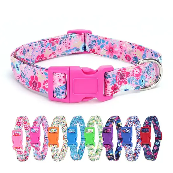 Pink floral dog collar with buckle and D-ring, shown with seven color variations below