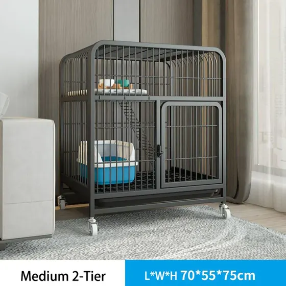 Black metal two-tier pet cage on wheels with a blue litter box inside and a bed on the upper shelf.