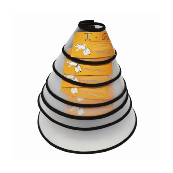 Stack of translucent plastic pet recovery cones with black trim and yellow labels