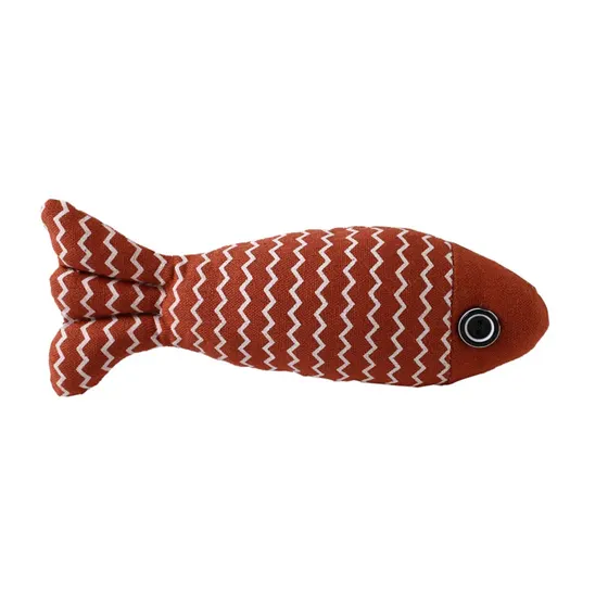 A plush orange fish toy with white zigzag patterns and a button eye on a white background.