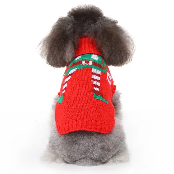 Rear view of a grey dog wearing a red knitted sweater with green and white patterns