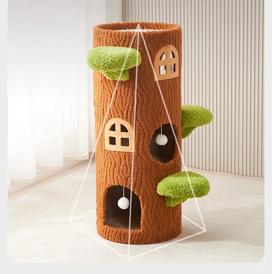Brown cylindrical tree trunk cat scratching post with green shelves and windows