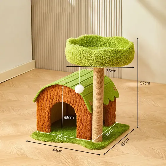 Cat tree with a house base, sisal scratching post, and a top perch, featuring overlaid dimension measurements.