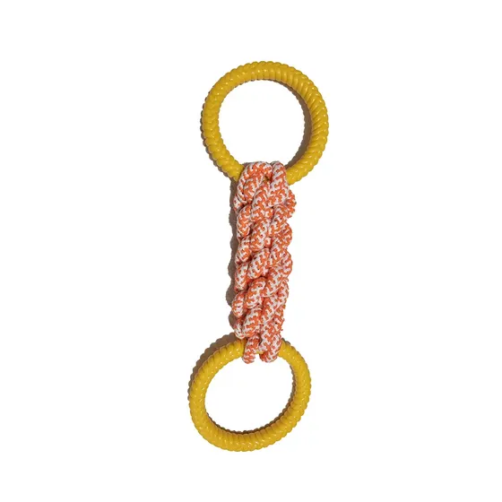 Vertical climbing handle featuring two yellow rings connected by a braided orange and white rope