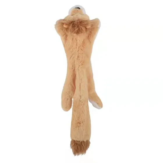 Rear view of a tan plush toy with a long tail and white paw tips