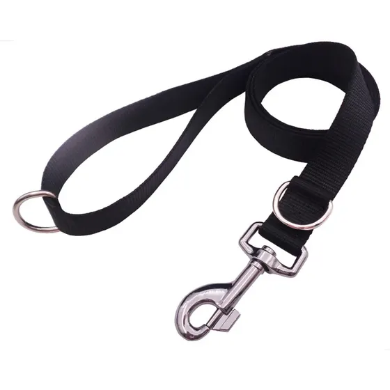 A black nylon strap with a metal snap hook and a metal ring.