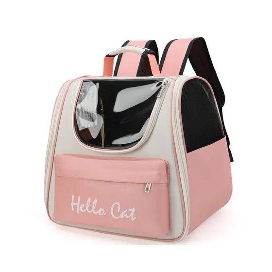 Pink and grey pet carrier backpack with clear viewing window and mesh ventilation