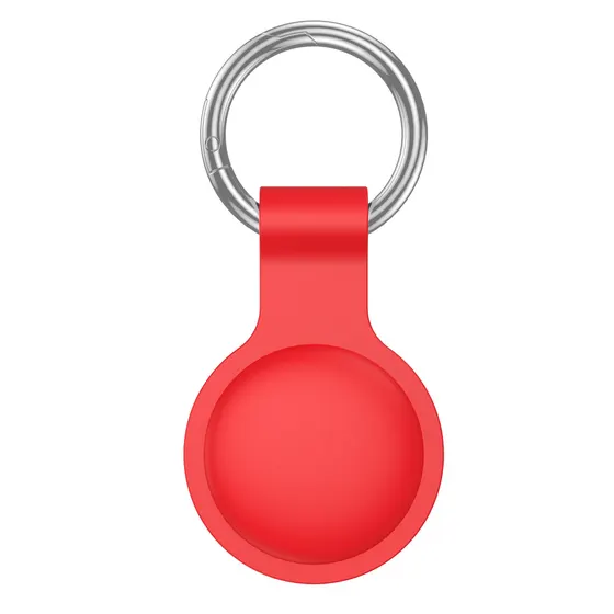 Red silicone keychain holder with a silver metal split ring on a white background.