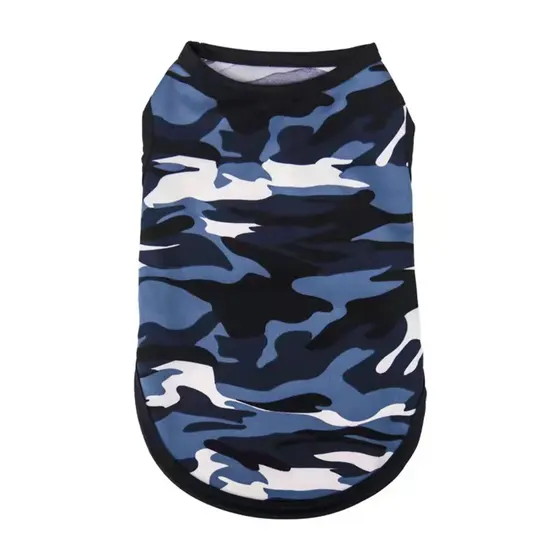 A sleeveless blue, black, and white camouflage patterned garment, likely a pet shirt, isolated on a white background.
