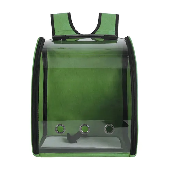 Green backpack with a clear plastic front panel and three ventilation holes.