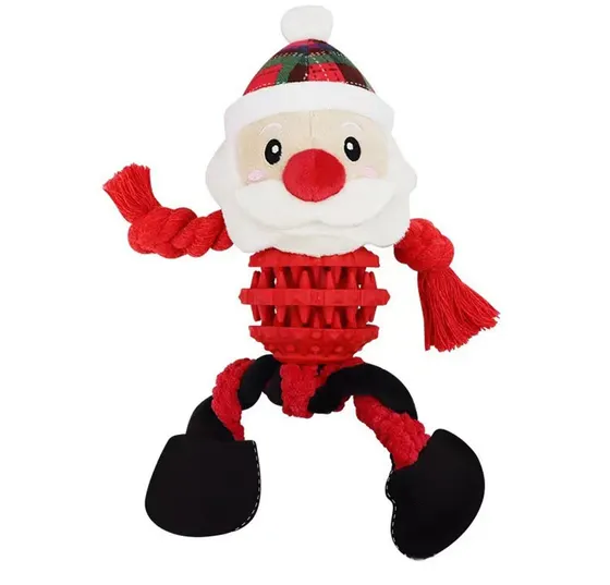 Plush Santa Claus dog toy with red rope limbs and a rubber treat ball torso on a white background
