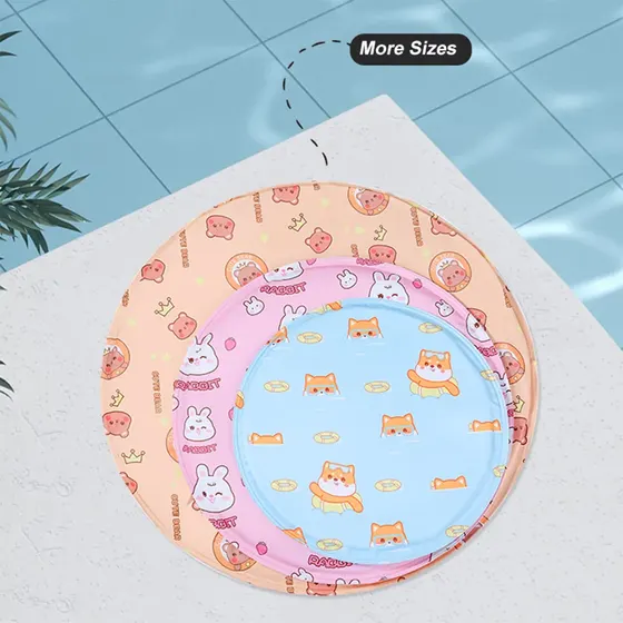 Three round pet cooling mats in orange, pink, and blue with cartoon designs, stacked to show sizes.