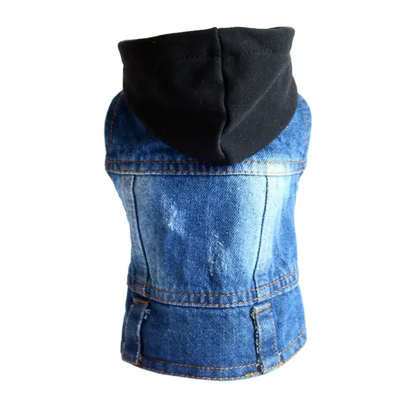 Back view of a blue denim hoodie with a black hood.
