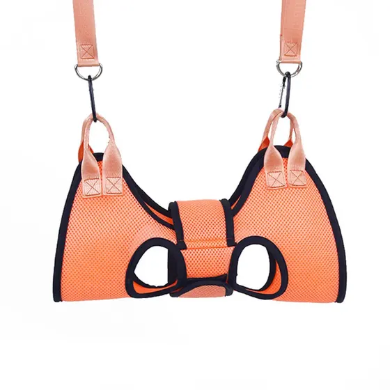 Orange mesh baby jumper harness with black trim and suspension straps on white background