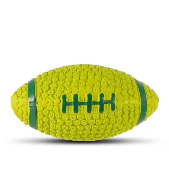 Yellow textured rubber football with green laces and stripes on white background