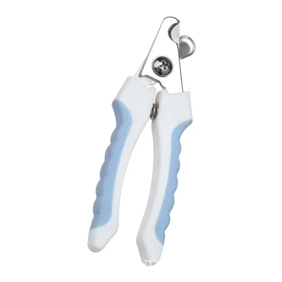 Stainless steel and blue-handled pet nail clippers