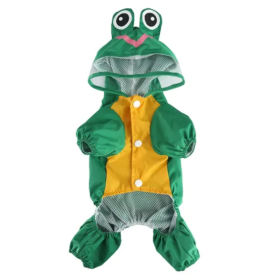 Green and yellow frog-themed pet raincoat with mesh lining and hood