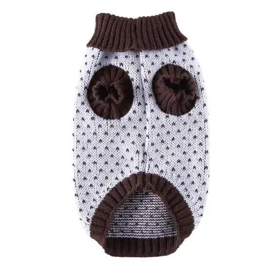White knitted dog sweater with brown trim and small dark pattern