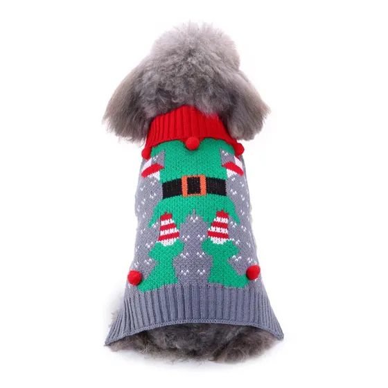 Back view of a gray poodle wearing a festive knitted Christmas sweater featuring an elf design.
