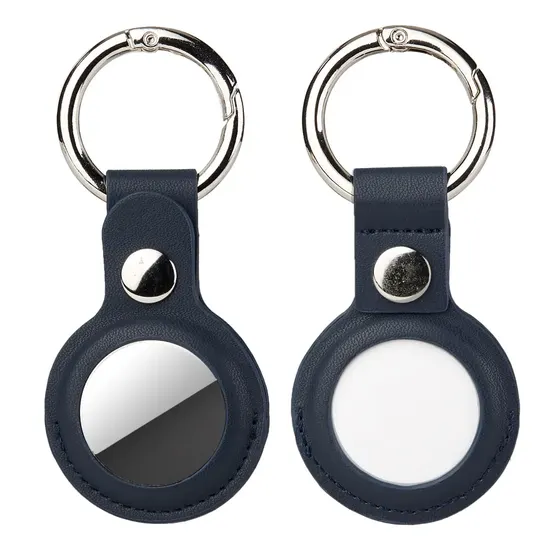 Two navy blue leather tracker keychains with silver metal rings and snap buttons.