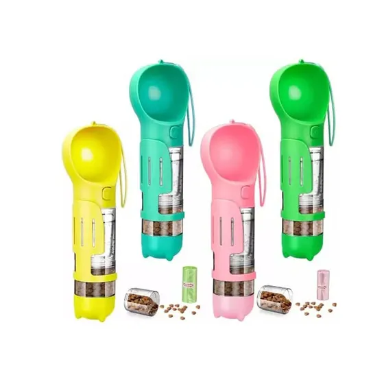 Four colorful portable pet water bottles with built-in food dispensers and loose kibble