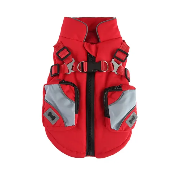 Red dog life jacket with grey reflective pockets and black safety buckles on a white background