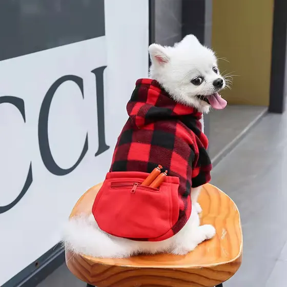 A small white dog wearing a red and black plaid hoodie with a front pouch.