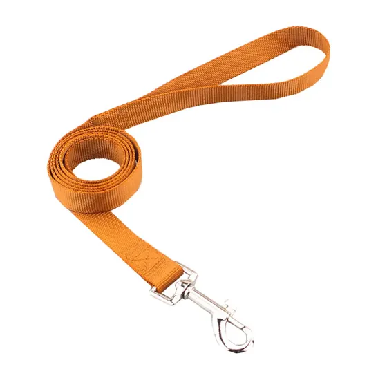 Coiled orange nylon strap with a metal snap hook on a white background