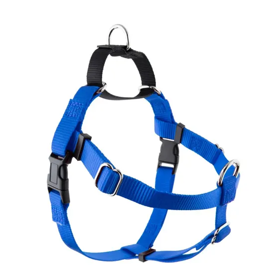 Blue nylon dog harness with black plastic buckles and silver metal D-ring