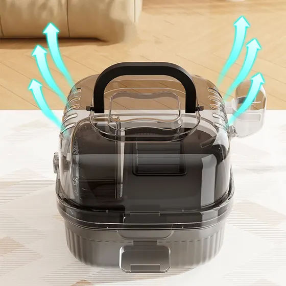 A black, translucent pet carrier with a handle, featuring blue arrows indicating ventilation.