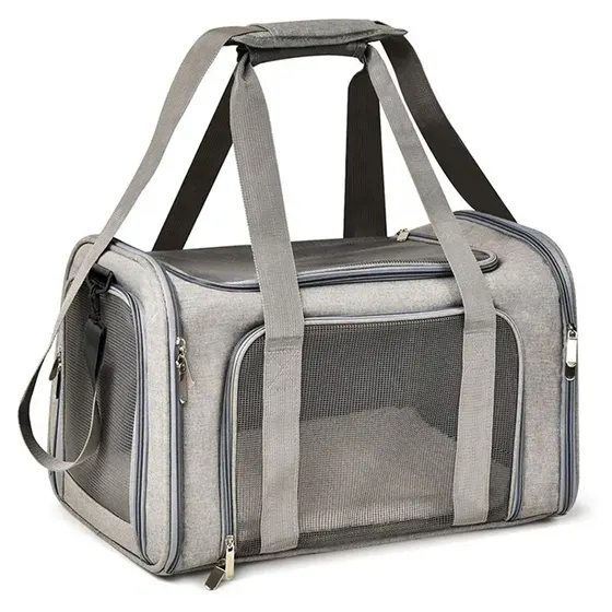 Gray soft-sided pet carrier bag with mesh ventilation windows and carrying handles.