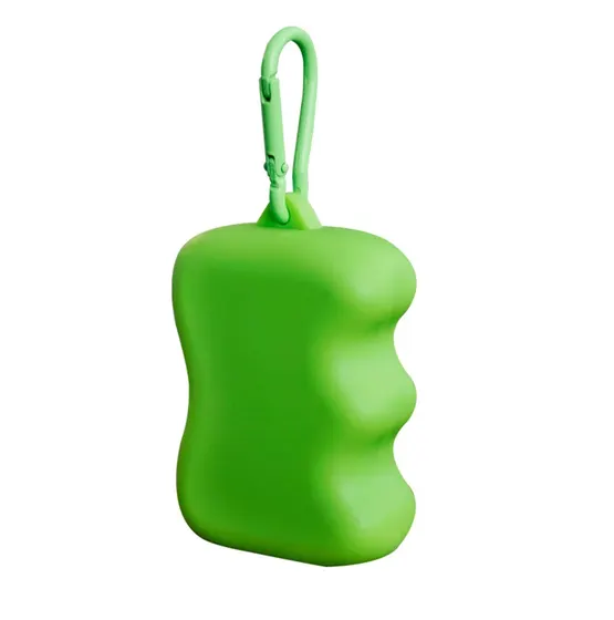 A lime green wavy silicone case with a matching carabiner clip attached to the top.