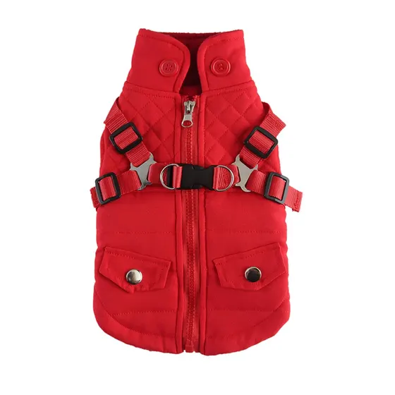Red quilted pet vest with a front zipper, collar buttons, pockets, and an adjustable harness with metal clips.
