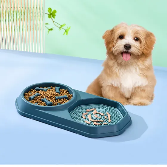 A small fluffy dog sits next to a blue slow feeder bowl containing kibble on a light blue surface.