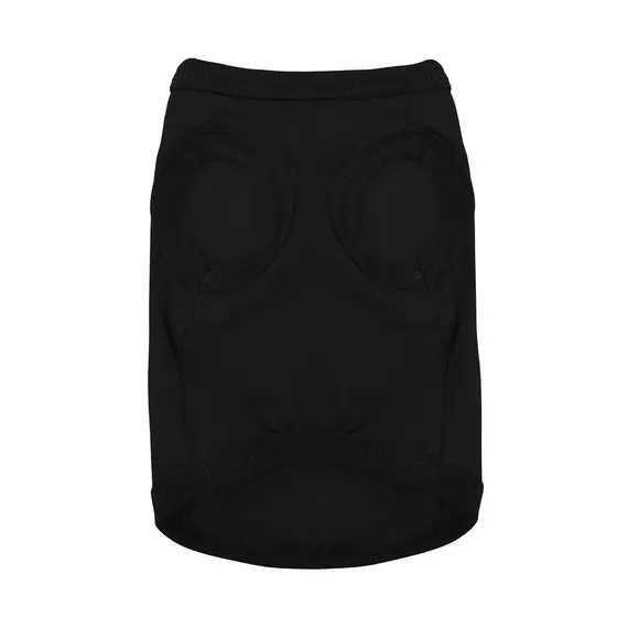 Black fabric garment with two circular openings, likely a pet diaper or belly band