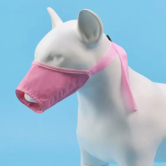 Pink dog muzzle displayed on a white mannequin head