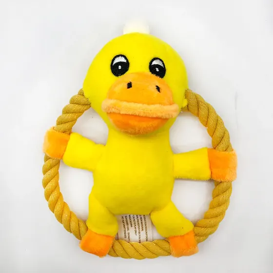 Yellow plush duck toy attached to a circular rope frame