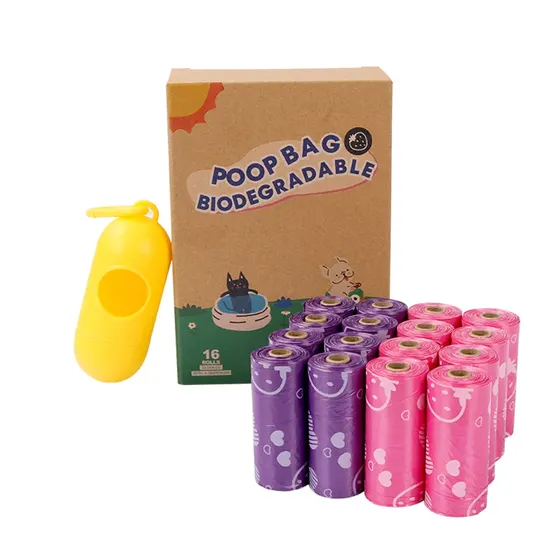 Biodegradable dog waste bag dispenser kit with purple and pink rolls