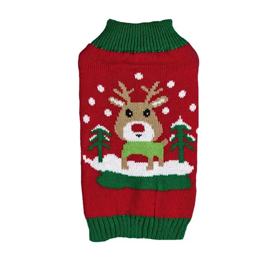 Red knitted pet sweater featuring a reindeer design with green trim.