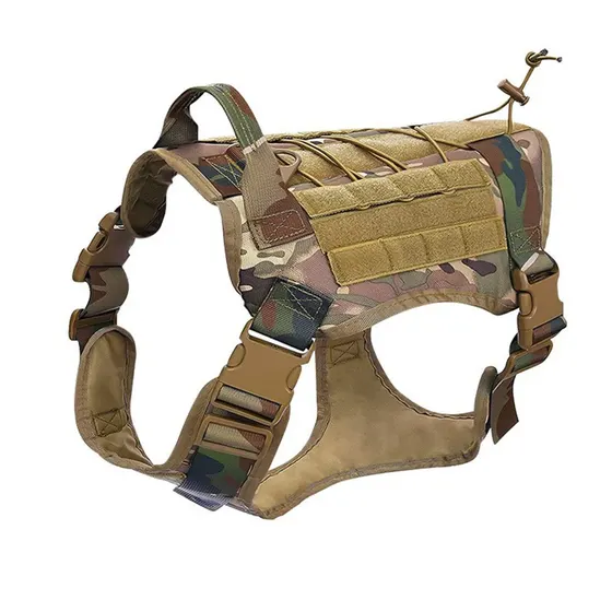 Multicam tactical dog harness with tan MOLLE webbing and side-release buckles