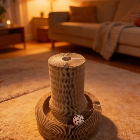 A corrugated cardboard cat scratcher toy with a ball track sitting on a rug in a living room.