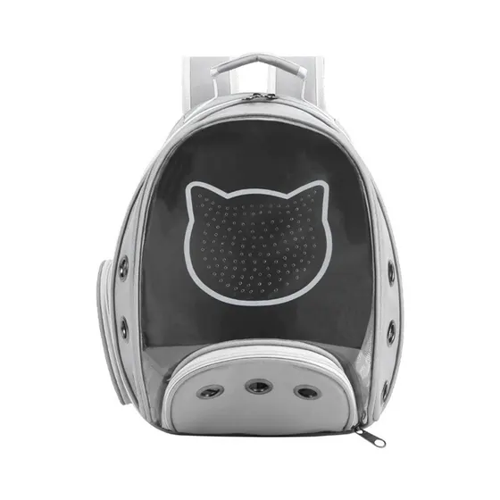 Grey pet backpack carrier with clear dome window and ventilation holes