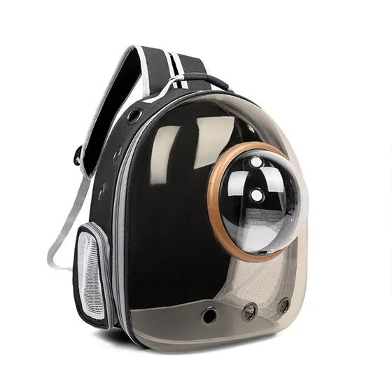 Black and clear plastic bubble backpack pet carrier with side mesh pocket.