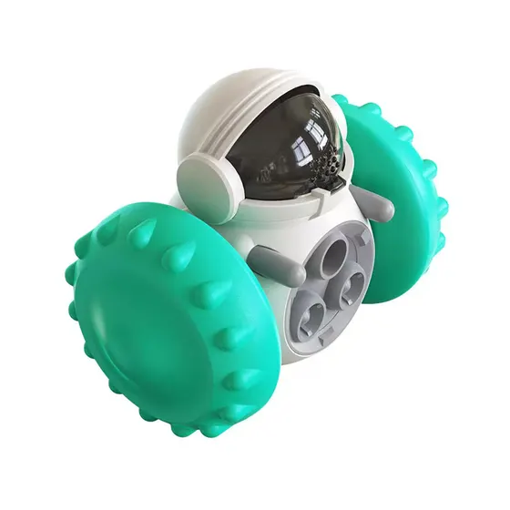 White and teal toy robot with large wheels and a dark visor on a white background