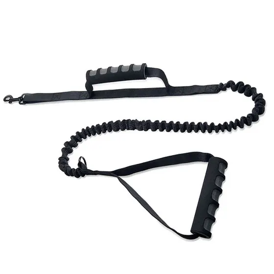 Black dog bungee leash with padded handles and metal clip on white background