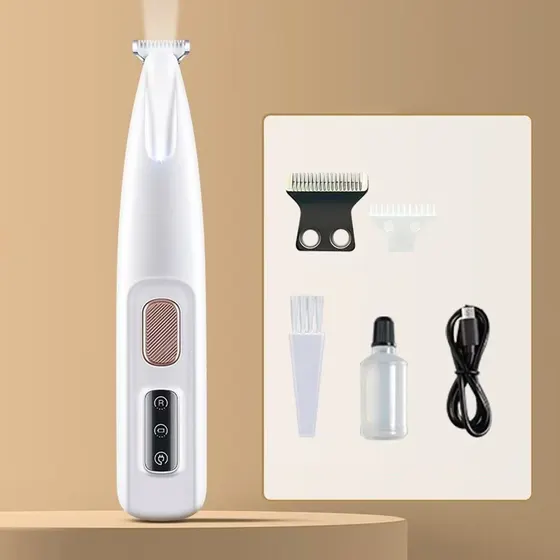 White electric hair trimmer with accessories including blades, brush, oil bottle, and USB charging cable