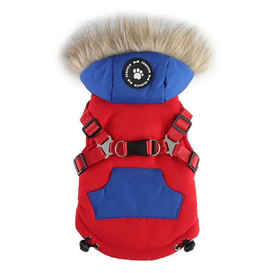 Red and blue pet jacket with fur-lined hood and integrated harness.