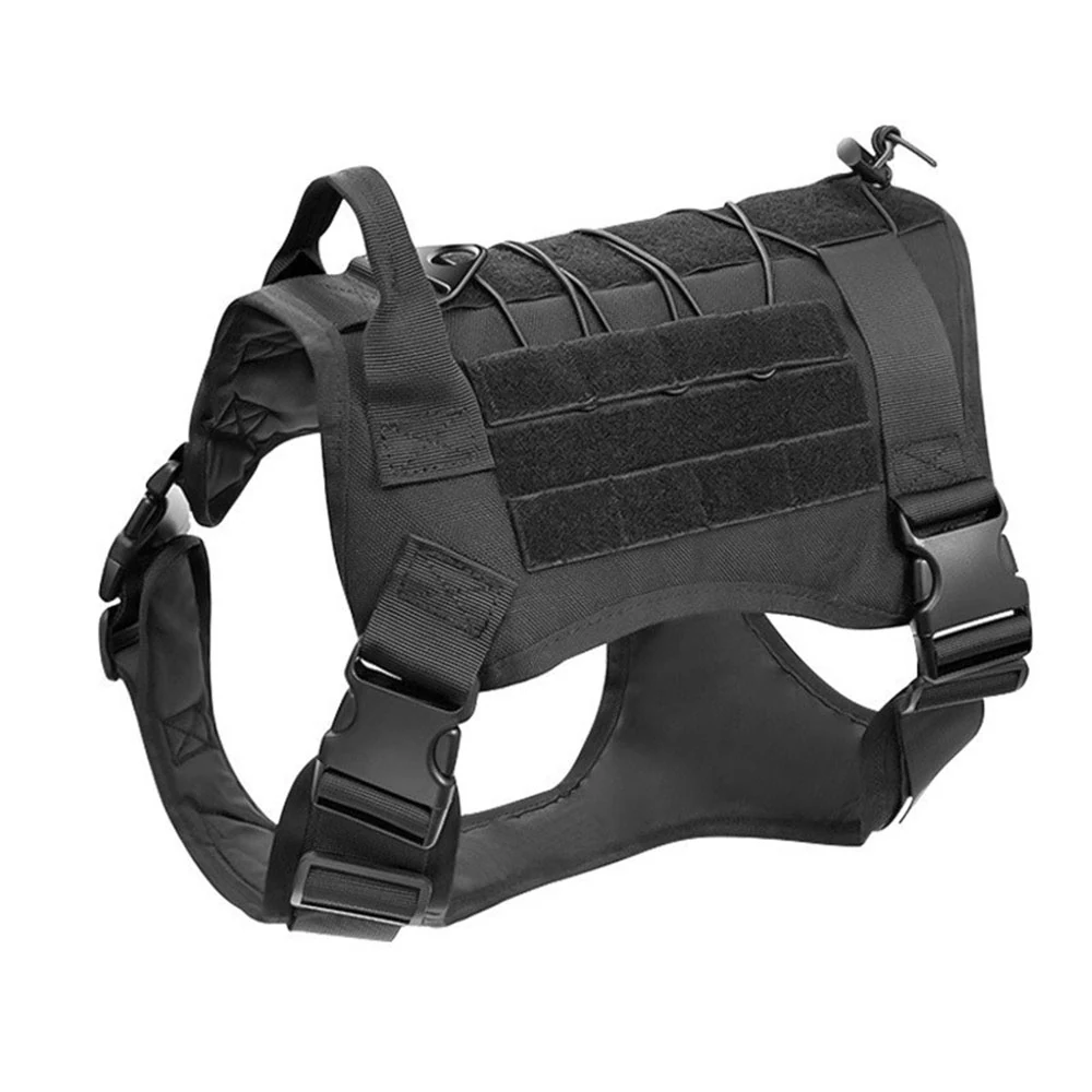 Black tactical dog harness with MOLLE webbing and side-release buckles on a white background