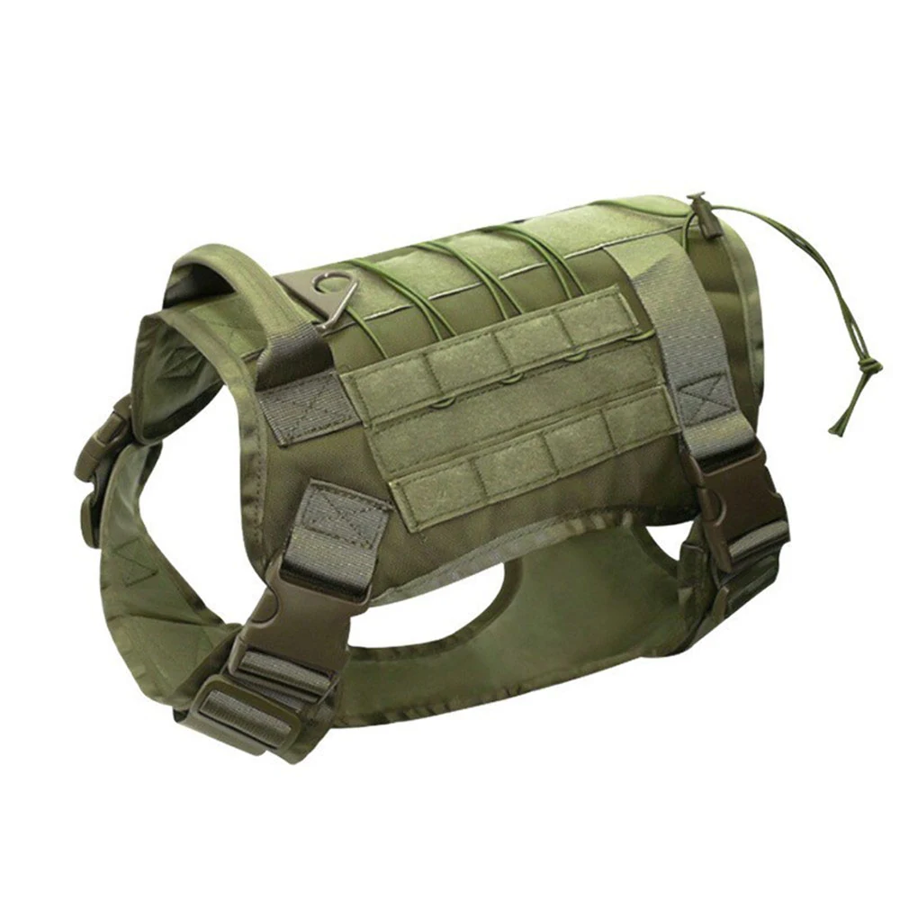 Green tactical dog harness with MOLLE webbing and buckles