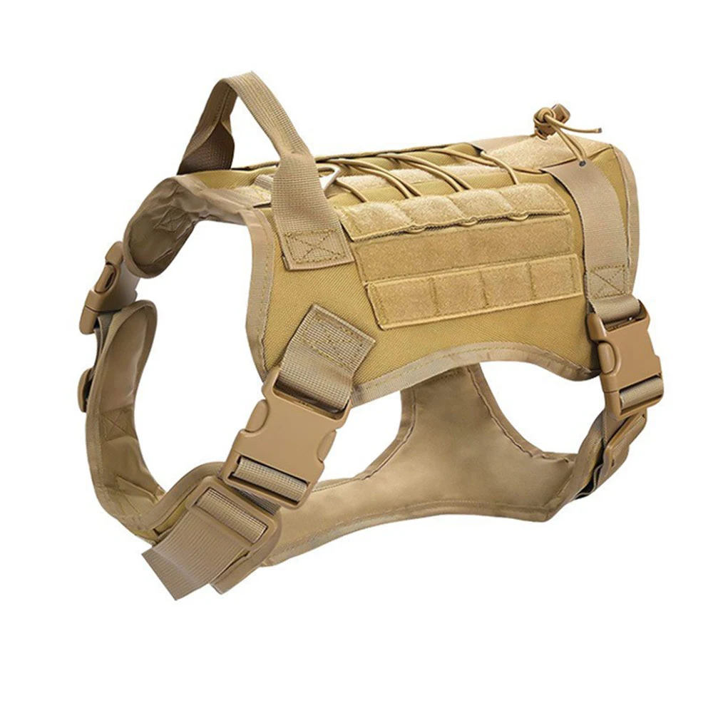 Tan tactical dog harness with MOLLE webbing and quick-release buckles on a white background.